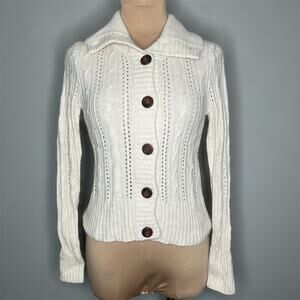 Twiggy Wool Blend Cardigan Sweater Medium Womens Cream Angora Button Turtleneck